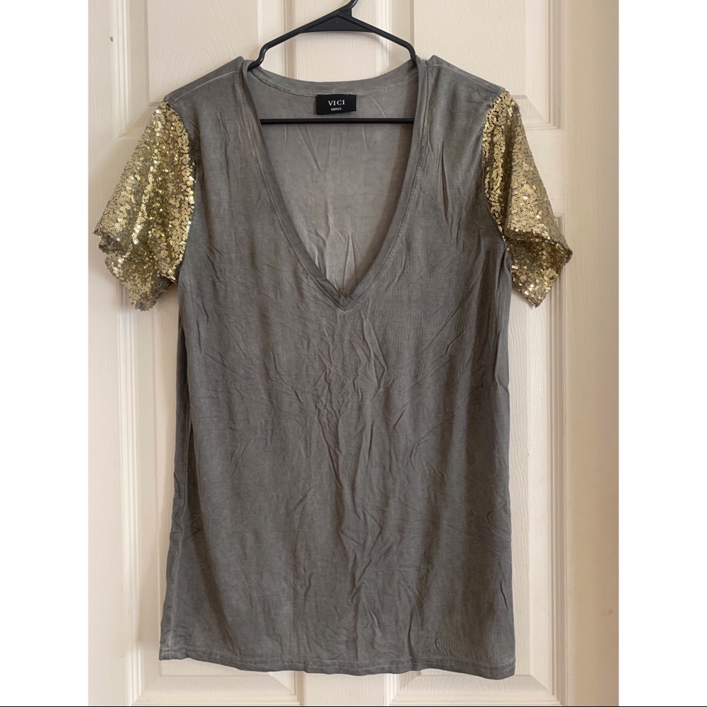 Grey With Gold Sequin Sleeve T-shirt From VICI